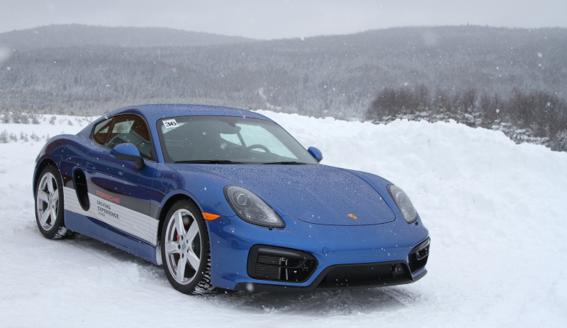 A pristine blue Cayman GTS greets you at the entrance to the Mécaglisse ice track. Photo credit: Stef Schrader